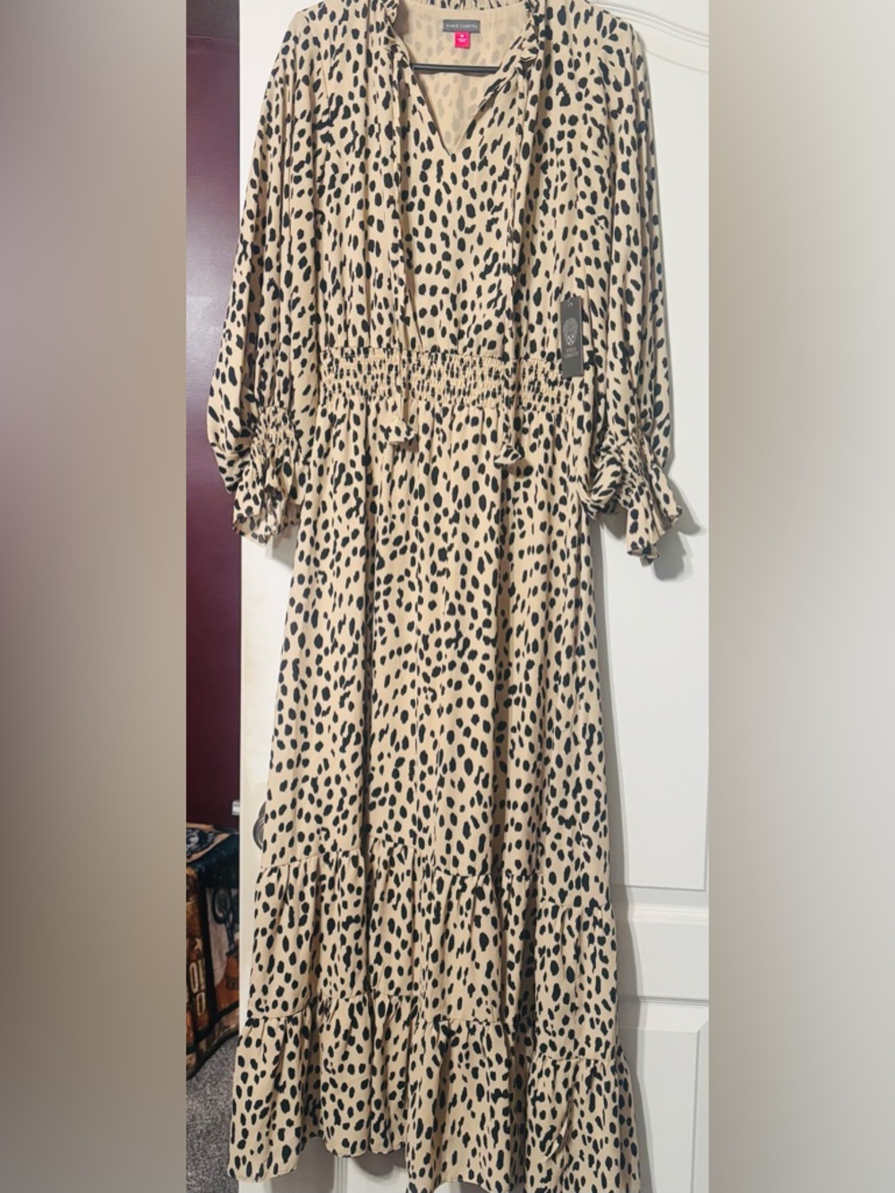 Vince Camuto Beige and Black Long Sleeve Animal Print Maxi Dress